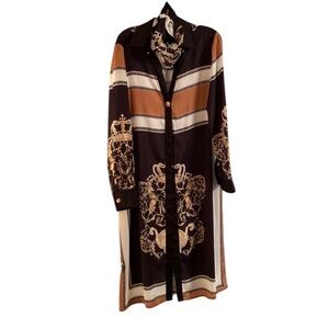 Alberto Makali XL black ,gold & cream long sleeve duster crest design PRICE FIRM